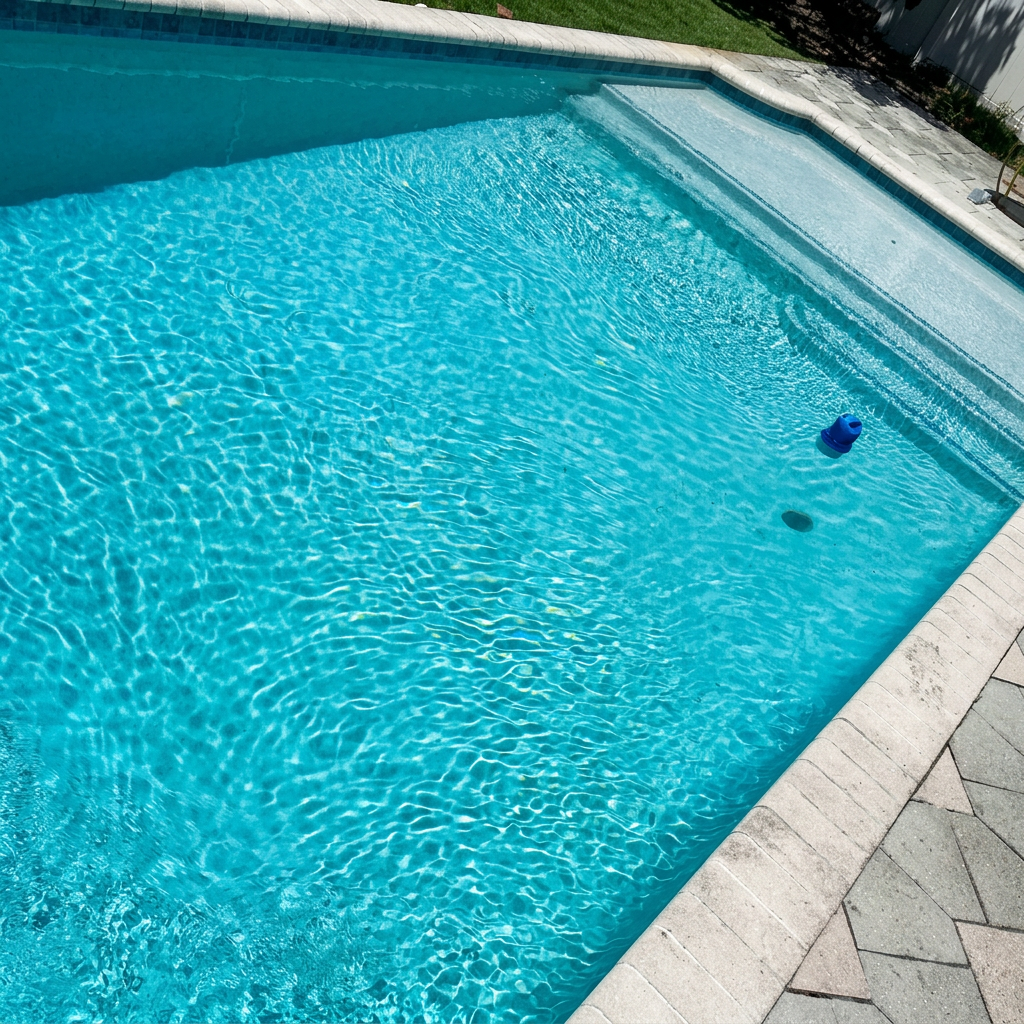 The same pool restored to crystal clear turquoise water after Blue Palm Pool Care service