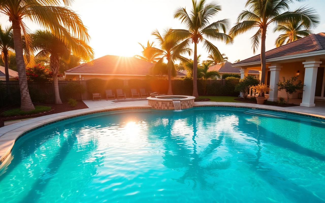 Sparkling blue swimming pool beside a South Florida home