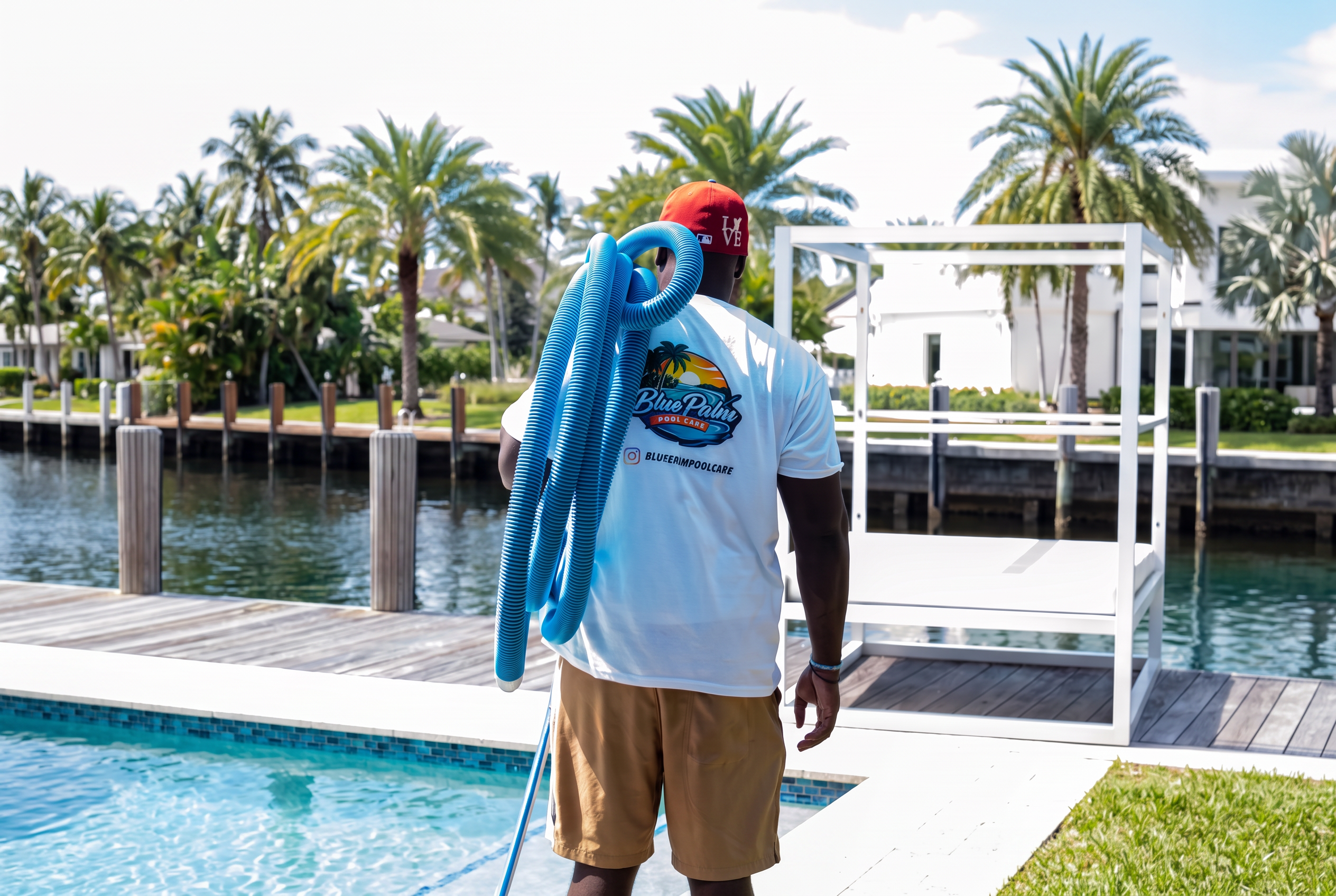 Blue Palm Pool Care technician carrying vacuum hose on a waterfront dock