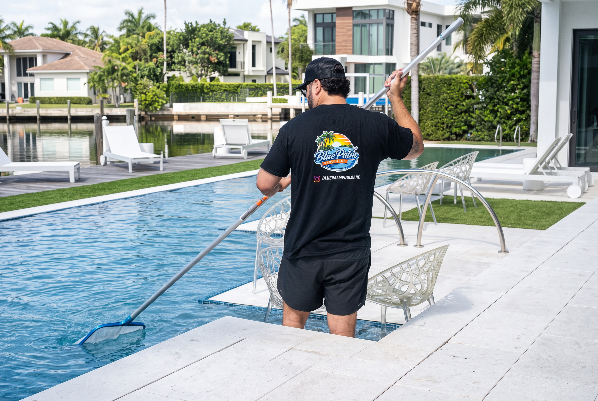 Blue Palm Pool Care technician skimming a luxury pool